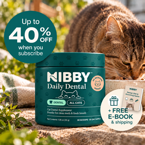 NIBBY Daily Dental tub beside a tabby cat eating: up to 40% off when you subscribe, plus a free e-book