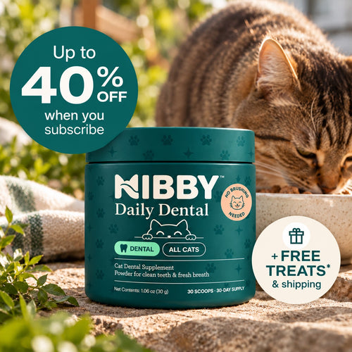 NIBBY Daily Dental jar beside a cat eating from its bowl