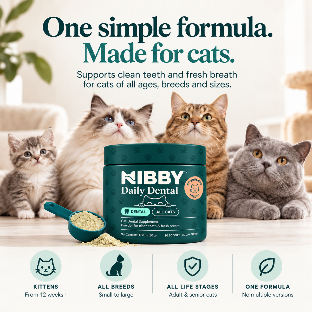 NIBBY Daily Dental jar with a kitten and three adult cats: one formula for all cats