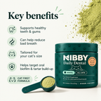 NIBBY Daily Dental key benefits, with the jar and scoop of powder