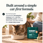 Cat eating from its bowl next to the NIBBY Daily Dental jar: a simple cat-first formula