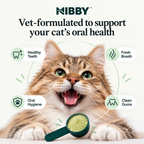 Happy cat with a scoop of NIBBY powder: support for teeth, breath and gums