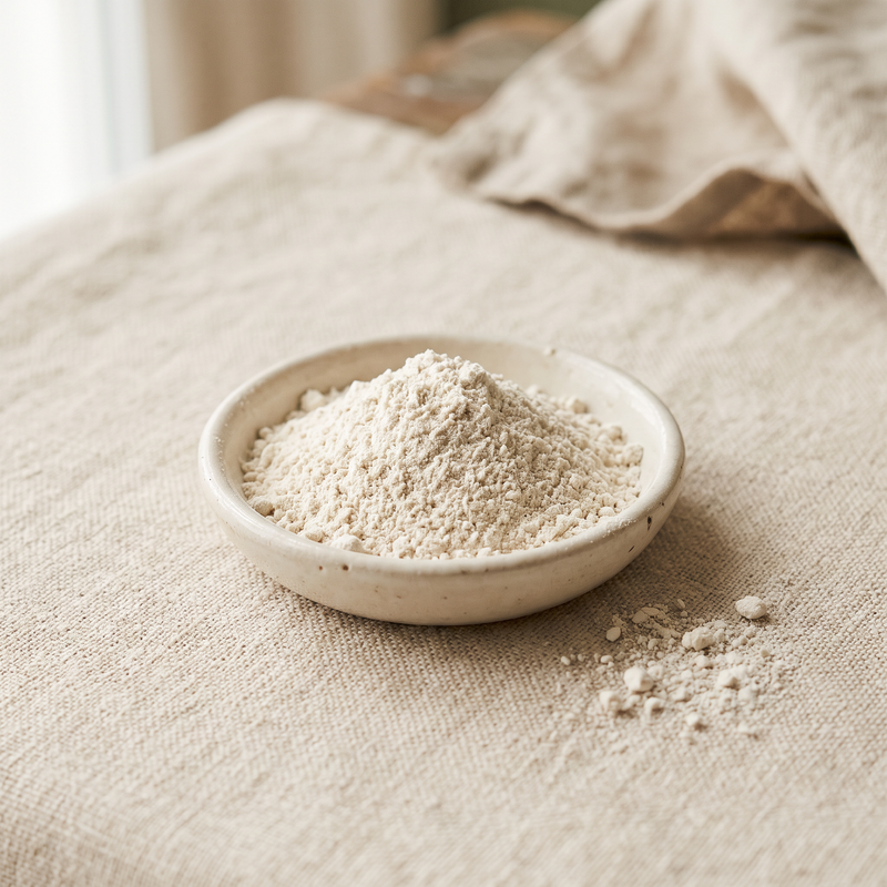 Heat-treated lactic acid bacteria postbiotic powder in a small ceramic dish