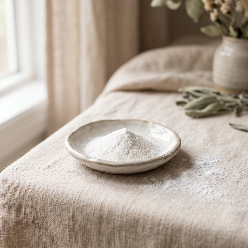 Fine white silicon dioxide powder in a small ceramic dish