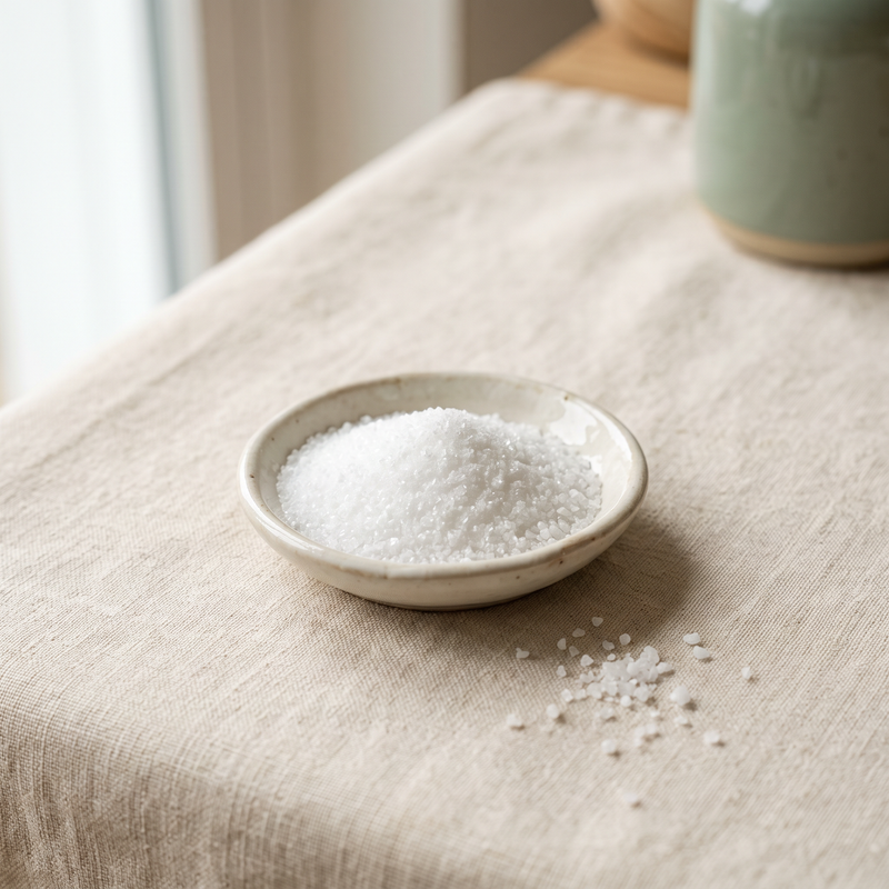 Taurine granules in a small ceramic dish