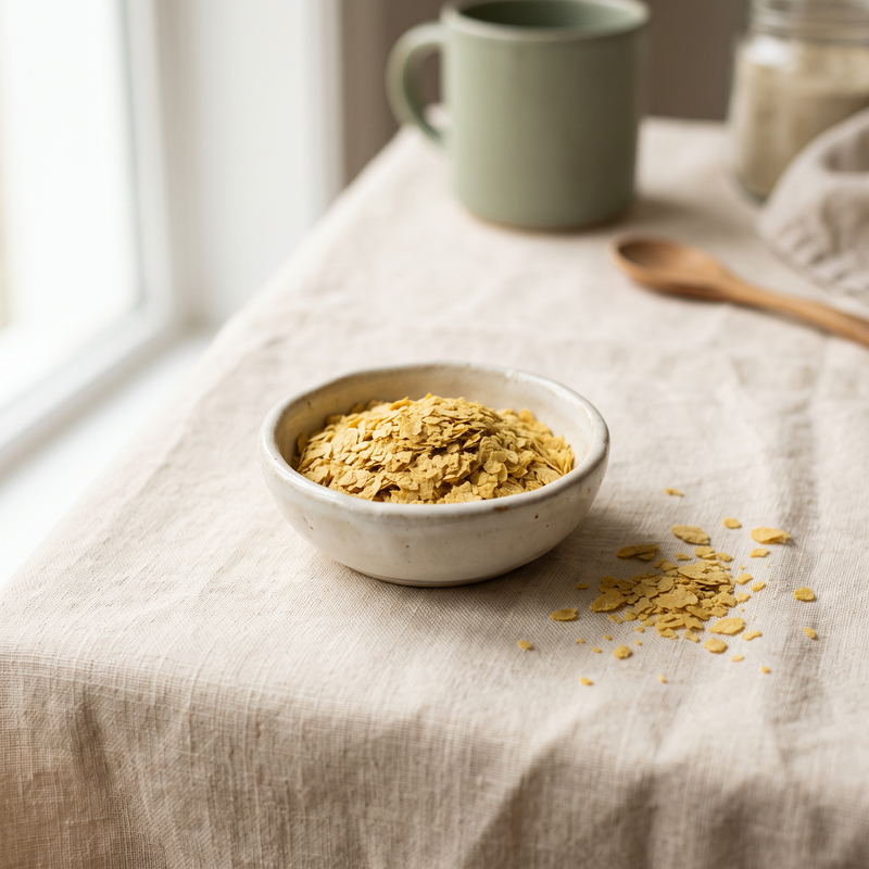 Brewer's dried yeast flakes in a small ceramic dish