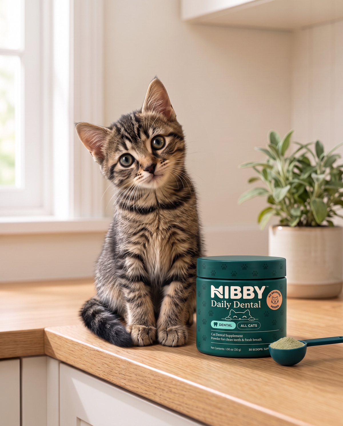 Brown tabby kitten sitting on a kitchen counter beside the NIBBY Daily Dental jar and scoop