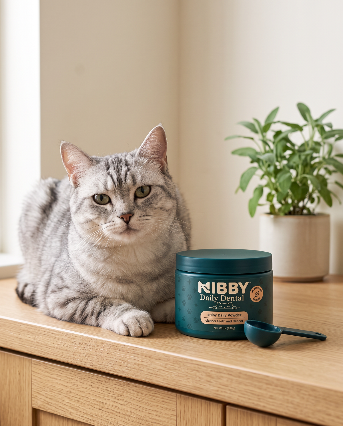 Silver tabby cat sitting next to the NIBBY Daily Dental jar