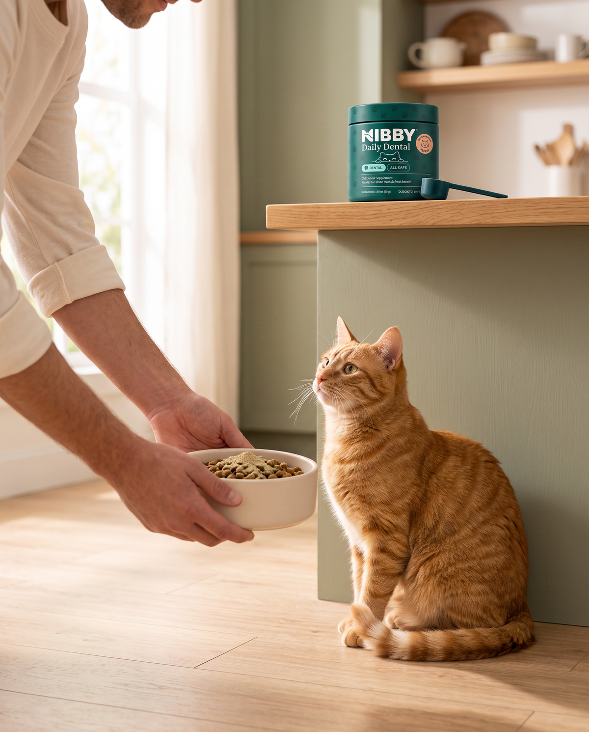 Owner setting down a cat's bowl at mealtime with NIBBY on the counter