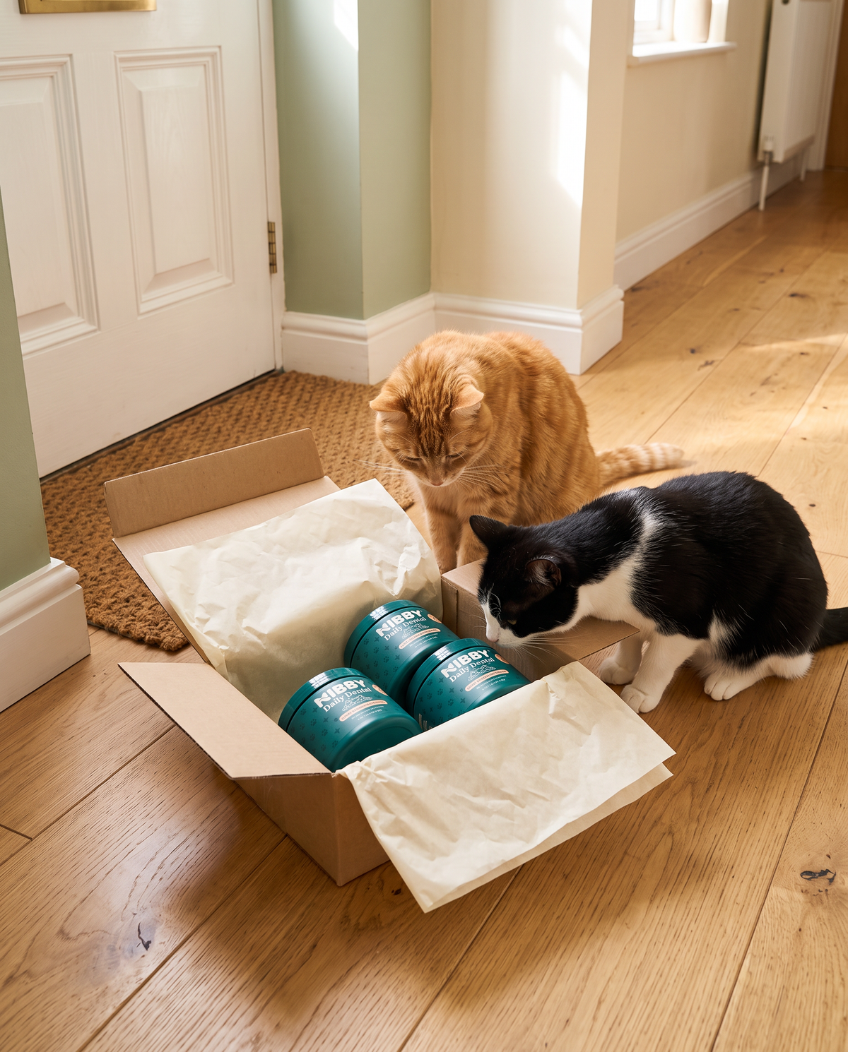 Two cats inspecting a box with three NIBBY jars