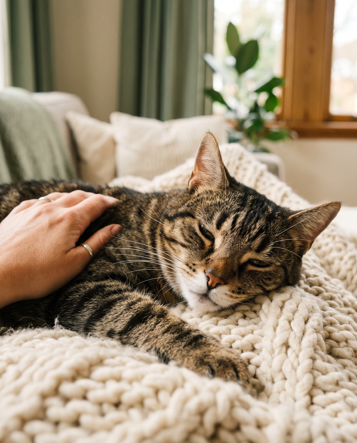 Relaxed tabby cat resting on a knit blanket