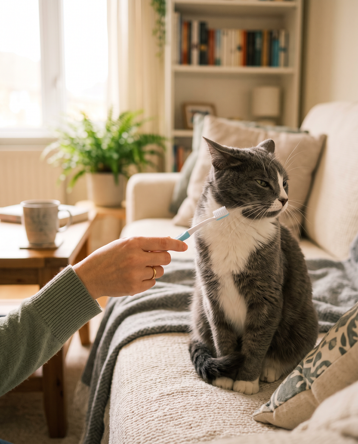 Cat turning its head away from a toothbrush