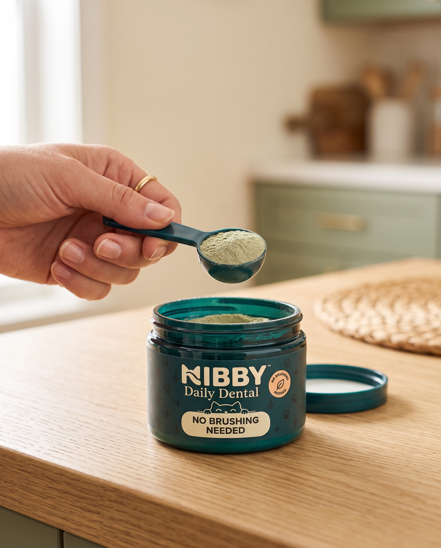 Hand lifting a level scoop of NIBBY powder from the jar