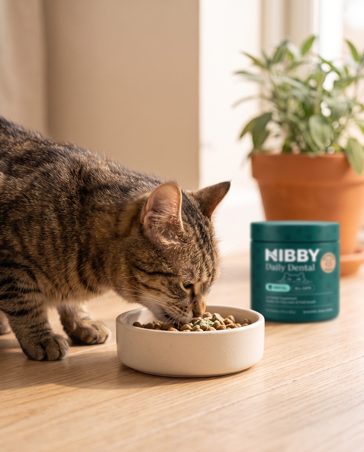 Tabby cat eating its usual meal from a ceramic bowl